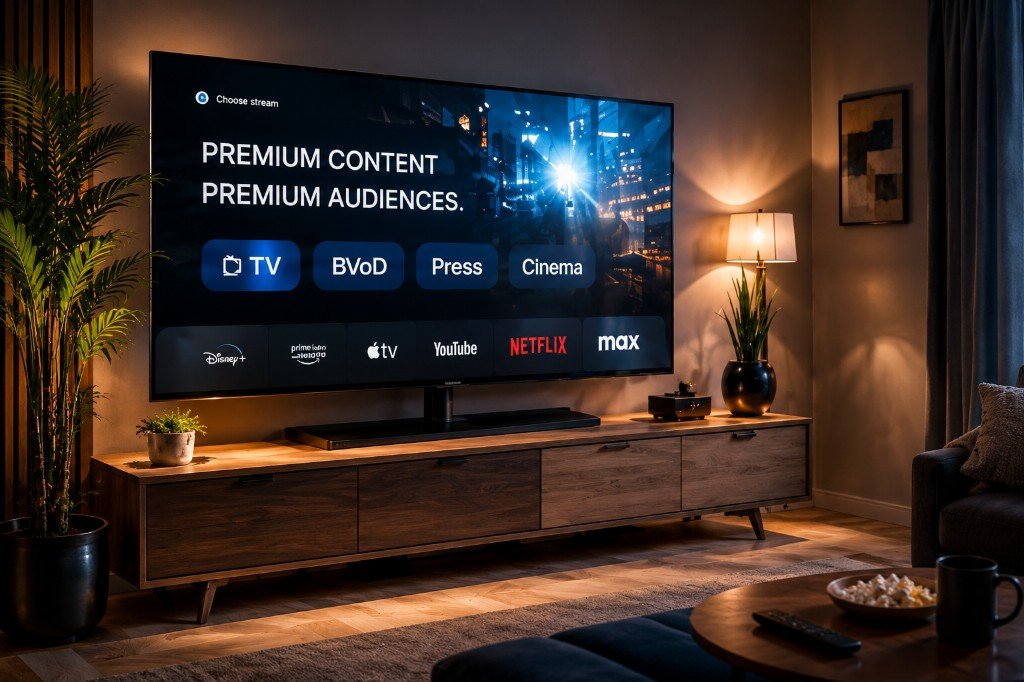 Premium media ecosystem — TV living room with streaming content